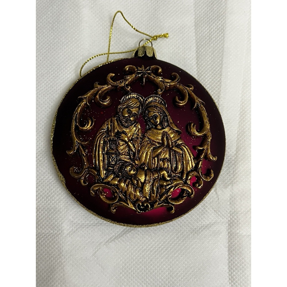 Vintage Glass Christmas Nativity Ornament Burgundy Victorian Faith‎ Holy Family